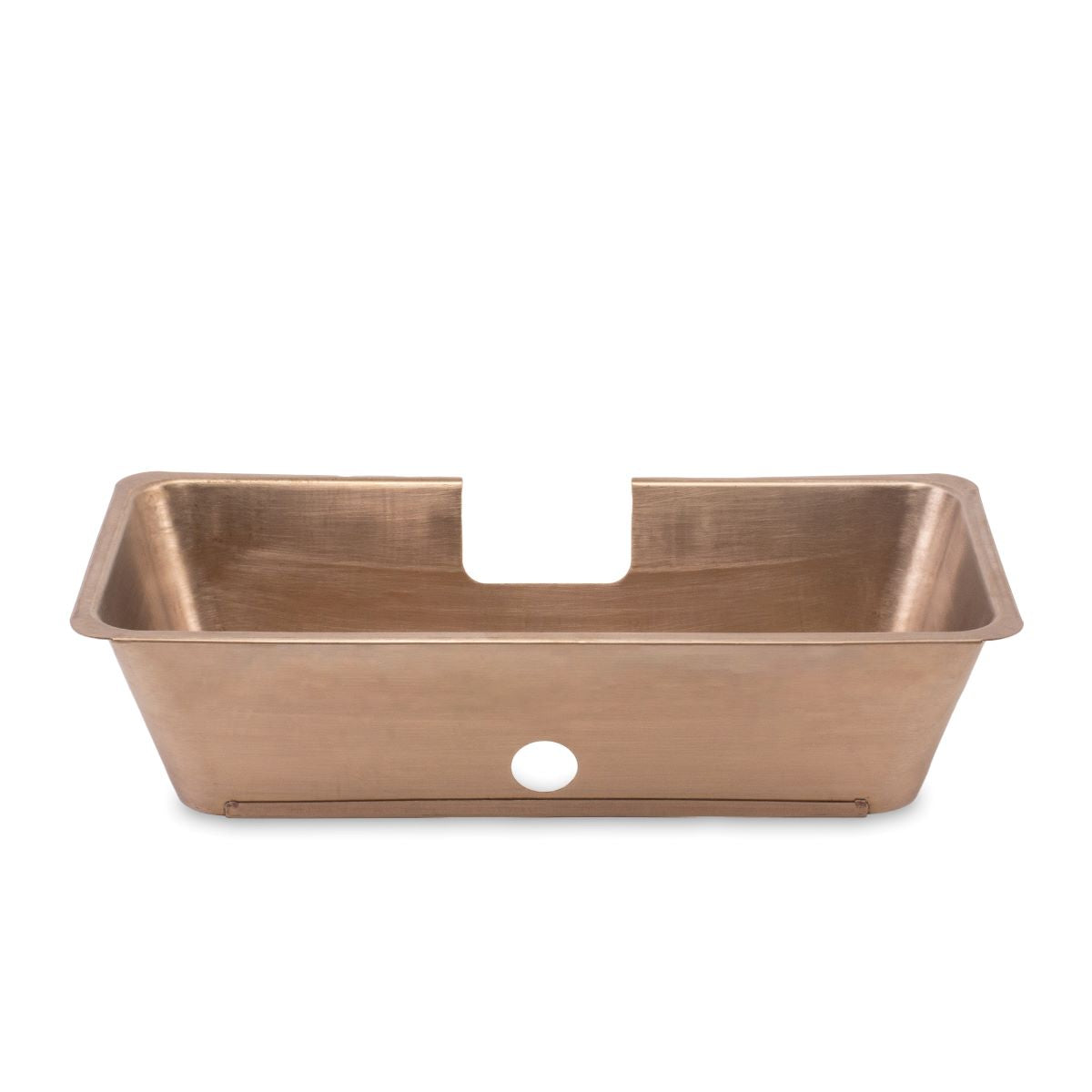 Copper single-basin kitchen sink with drain hole.