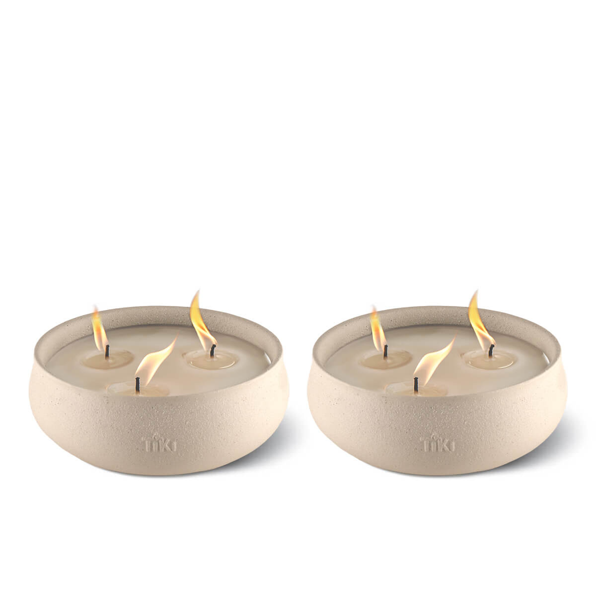 Beige Tiki triple-wick candles in textured ceramic holders.