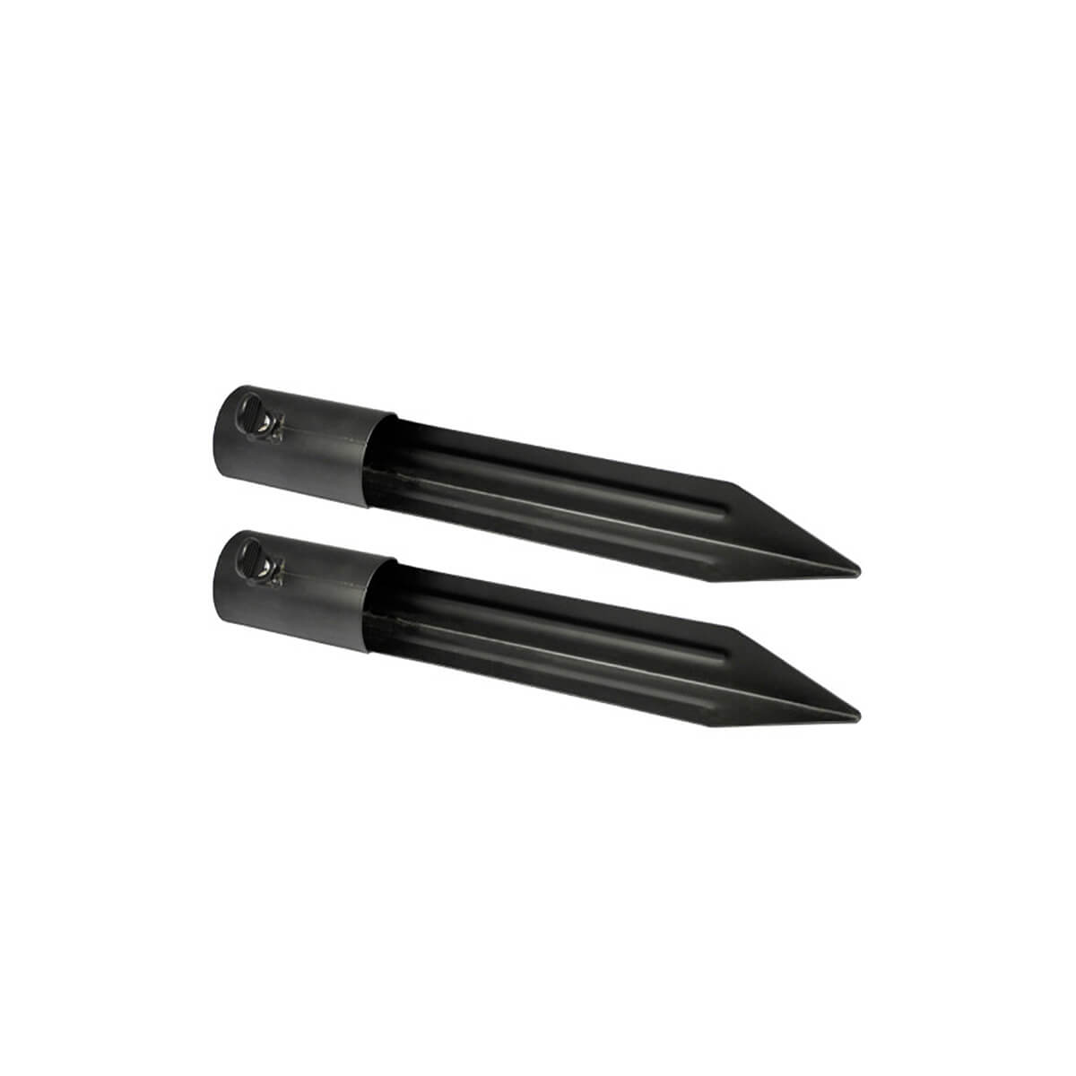 "Two black metal stakes with pointed ends and circular bases."