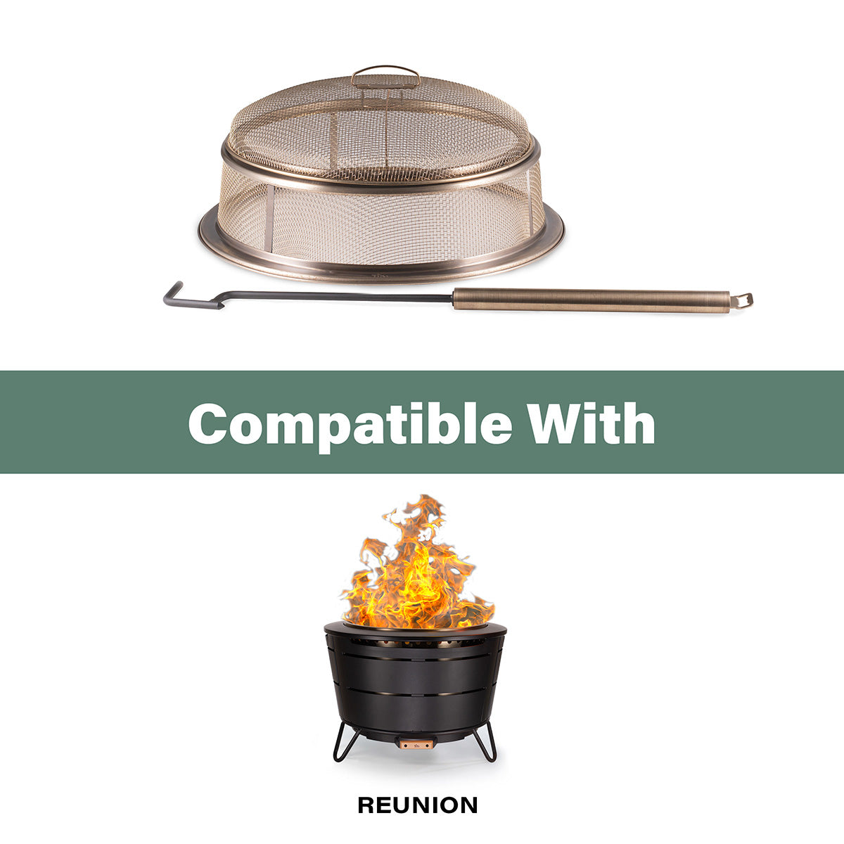 Bronze mesh fire pit cover and poker compatible with black fire pit.