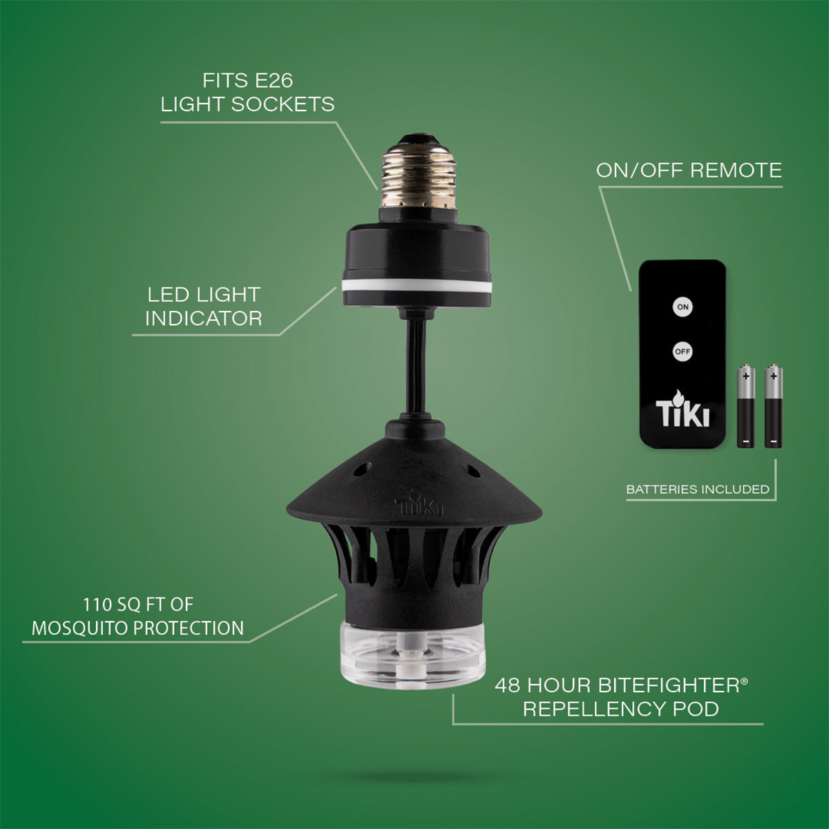TIKI mosquito repellent device fits E26 sockets, covers 110 sq ft, includes remote, LED indicator, and 48-hour repellent pod.