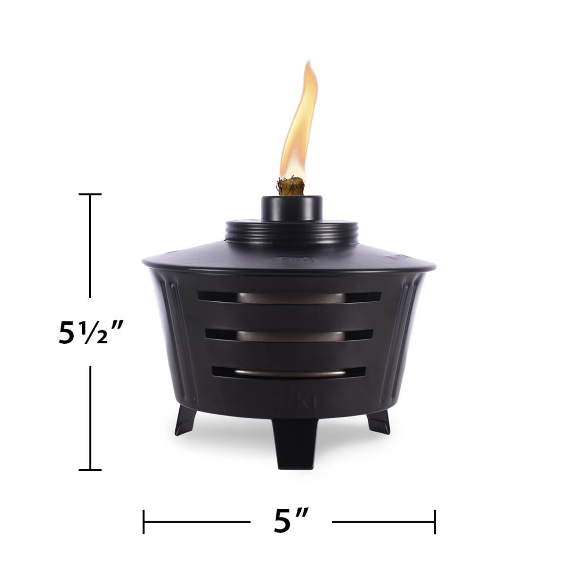 Black patio torch with flame, 5½" tall, 5" wide.