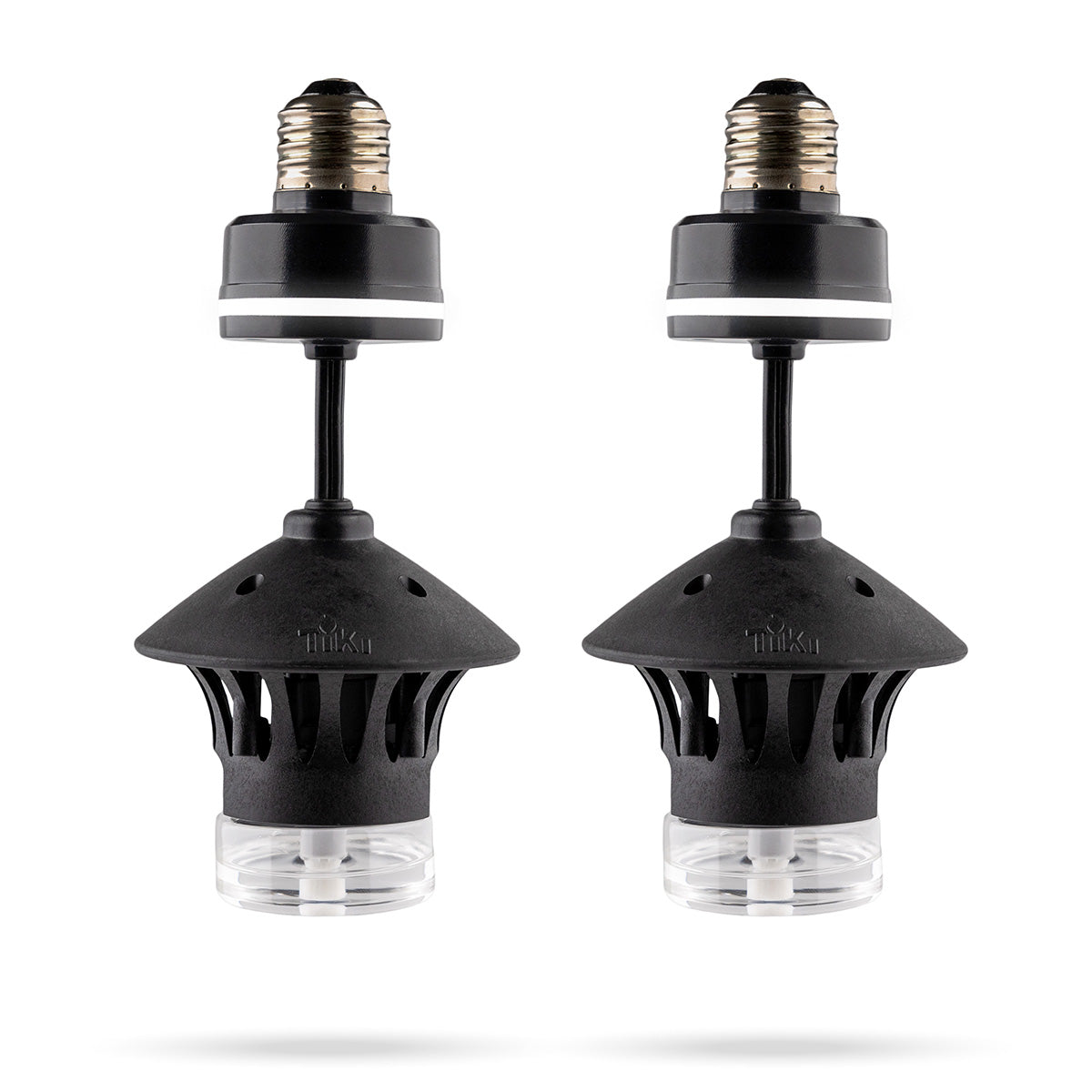 Set of two black, hanging mosquito repellent diffusers with clear refill containers, designed for outdoor use.