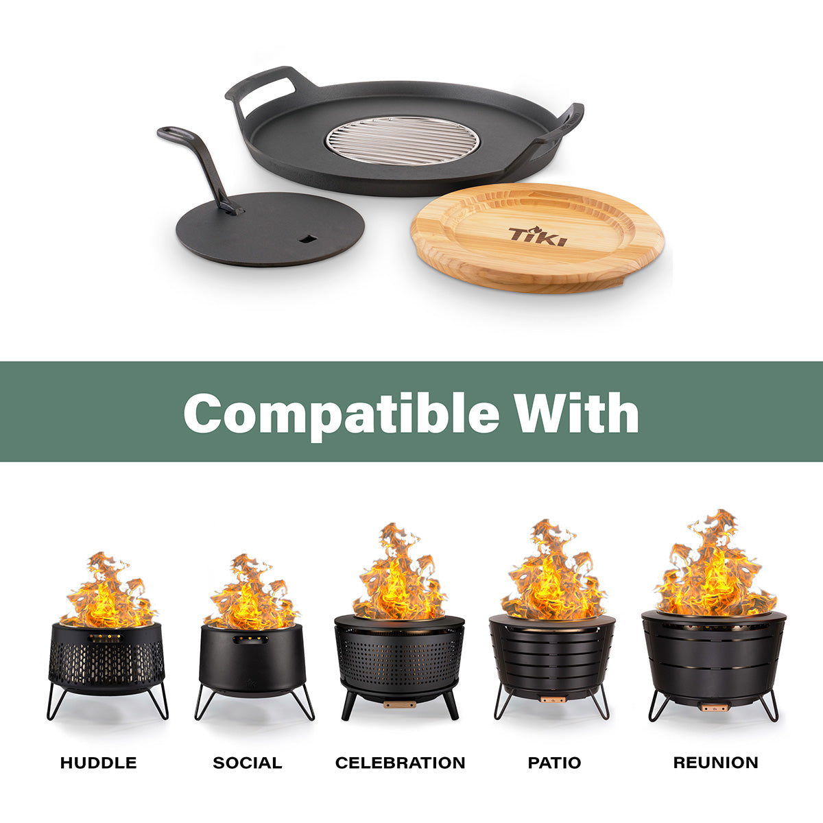 Black TIKI grill pan and lid compatible with various fire pit models.