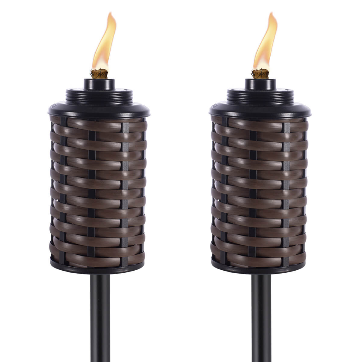 Brown woven torches with black bases and flames.