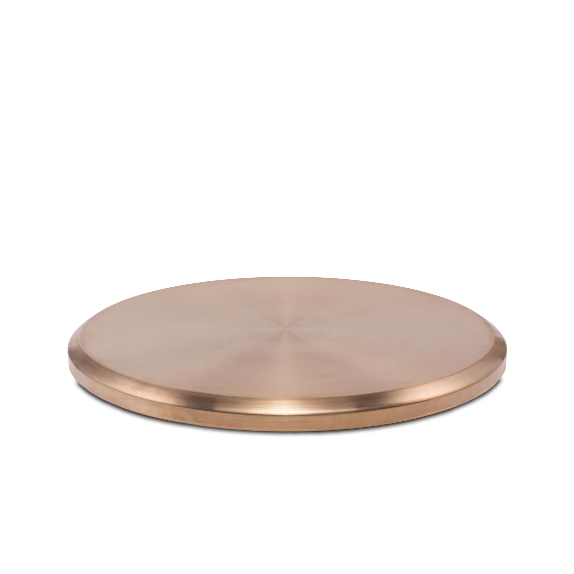 Copper-colored round metal tray with smooth surface.