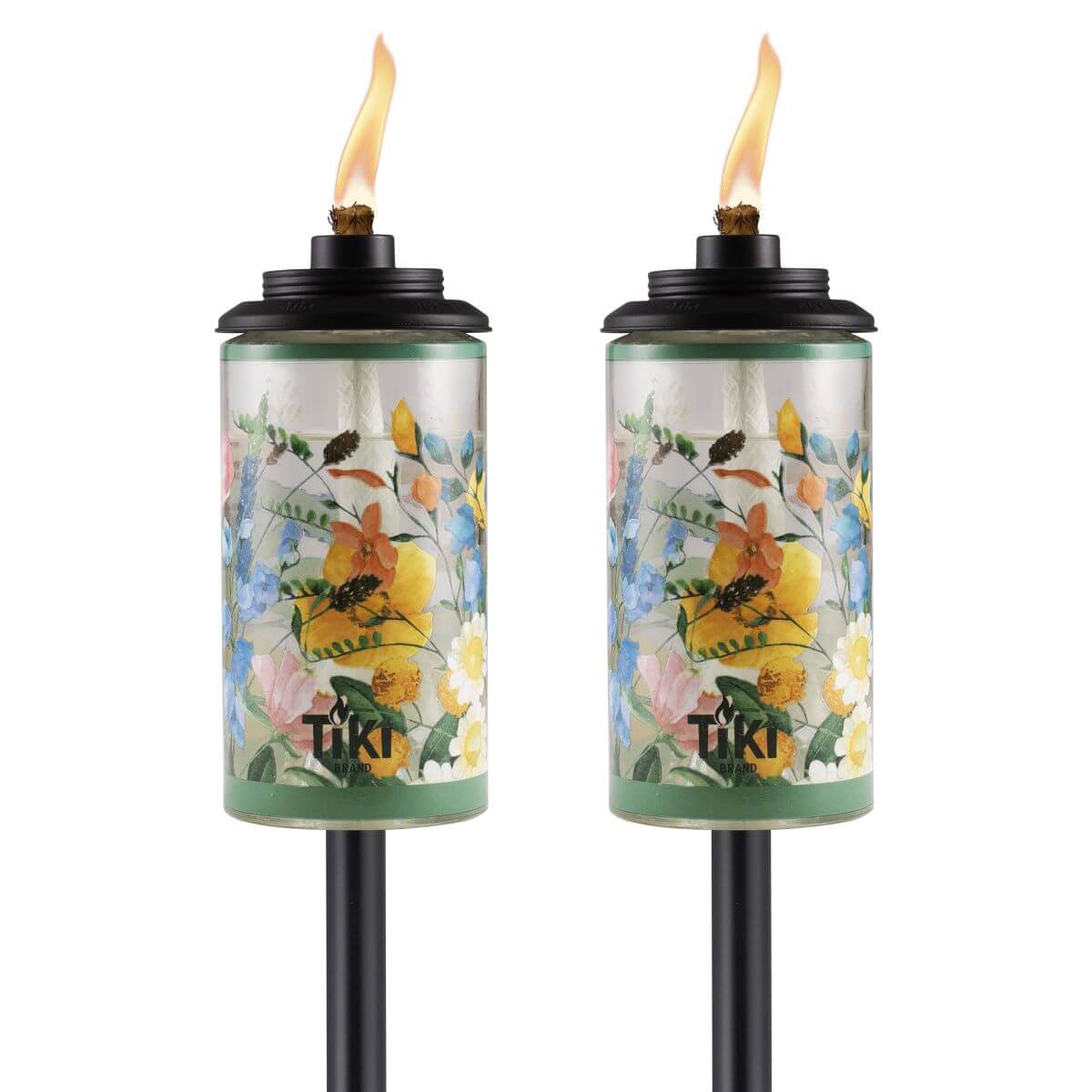 Tiki brand floral-patterned torches with green base and black pole.
