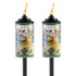 Tiki brand floral-patterned torches with green base and black pole.