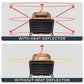 Black portable fireplace with heat deflector, showing heat distribution.