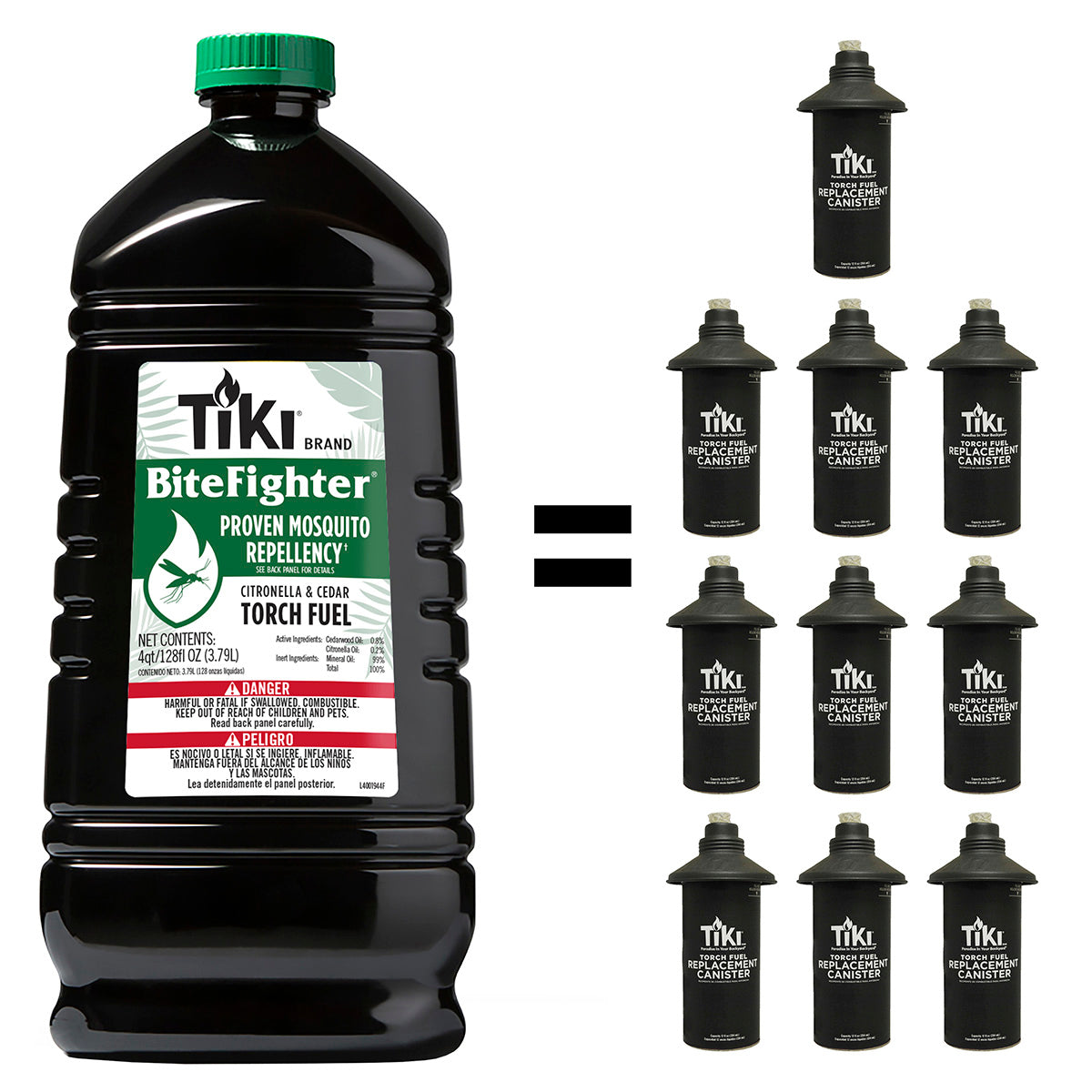Black TIKI BiteFighter mosquito repellent torch fuel bottle equals 12 replacement canisters.