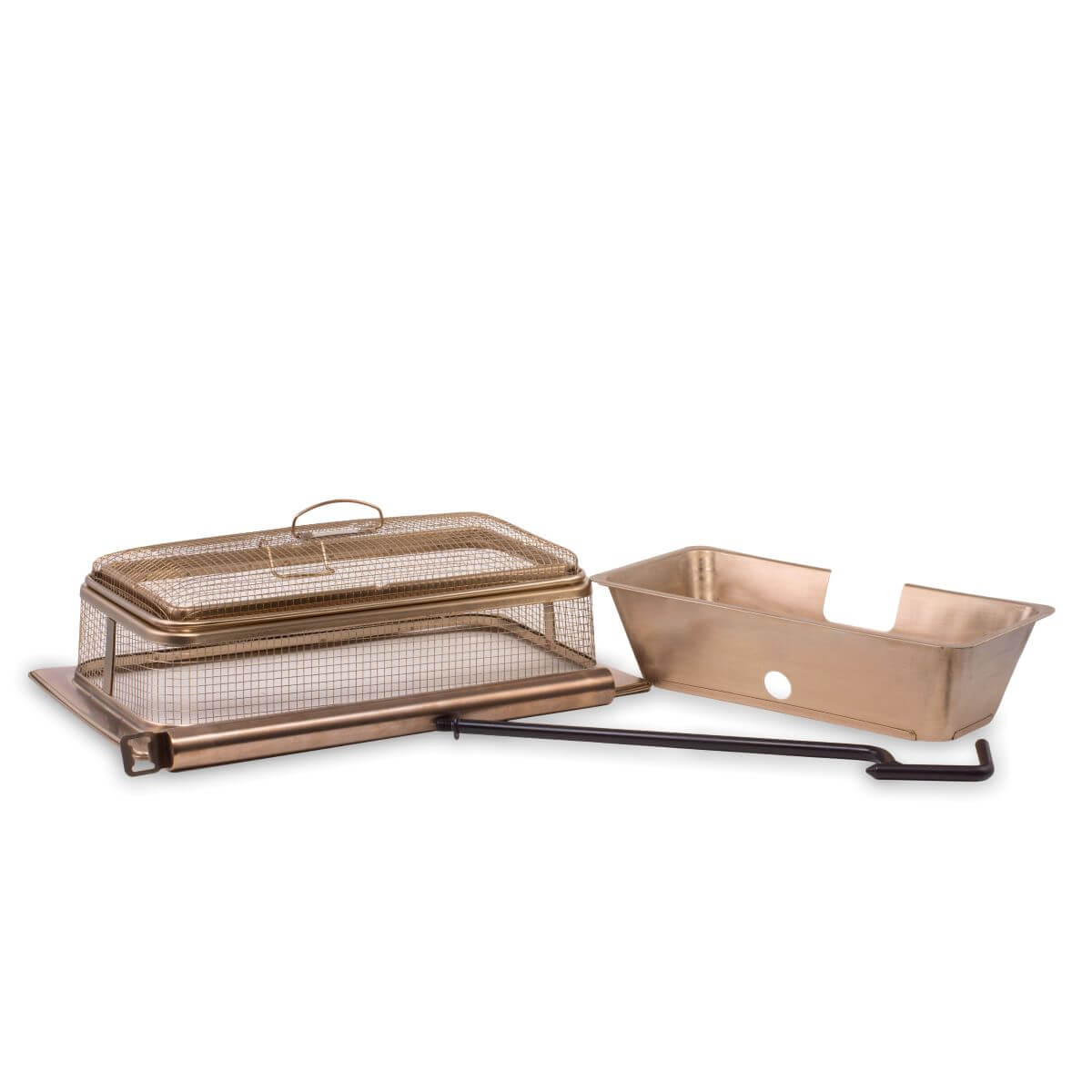 Bronze wire mesh grill basket with handle and drip pan.