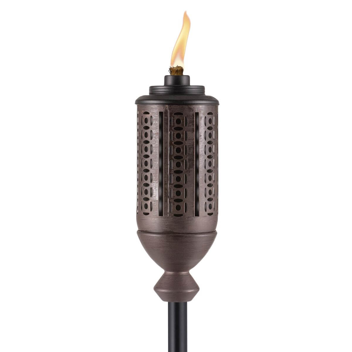 Bronze Tiki torch with flame and decorative cutouts.