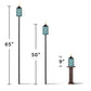 Outdoor glass tiki torches in teal, shown in three heights: 65", 50", and 9" with black and brown stands.