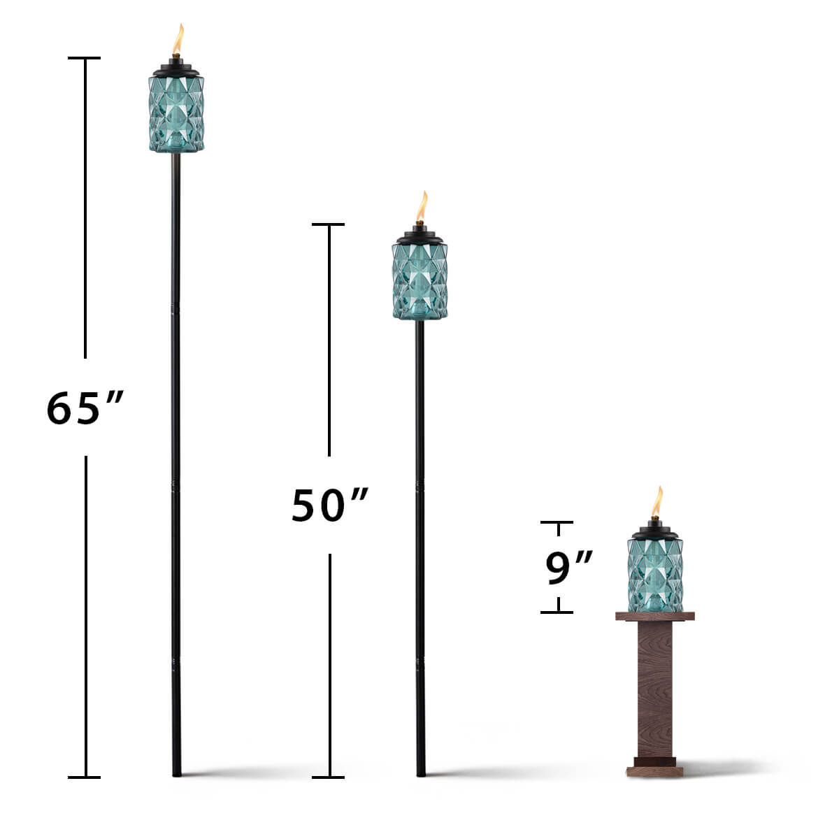 Outdoor glass tiki torches in teal, shown in three heights: 65", 50", and 9" with black and brown stands.