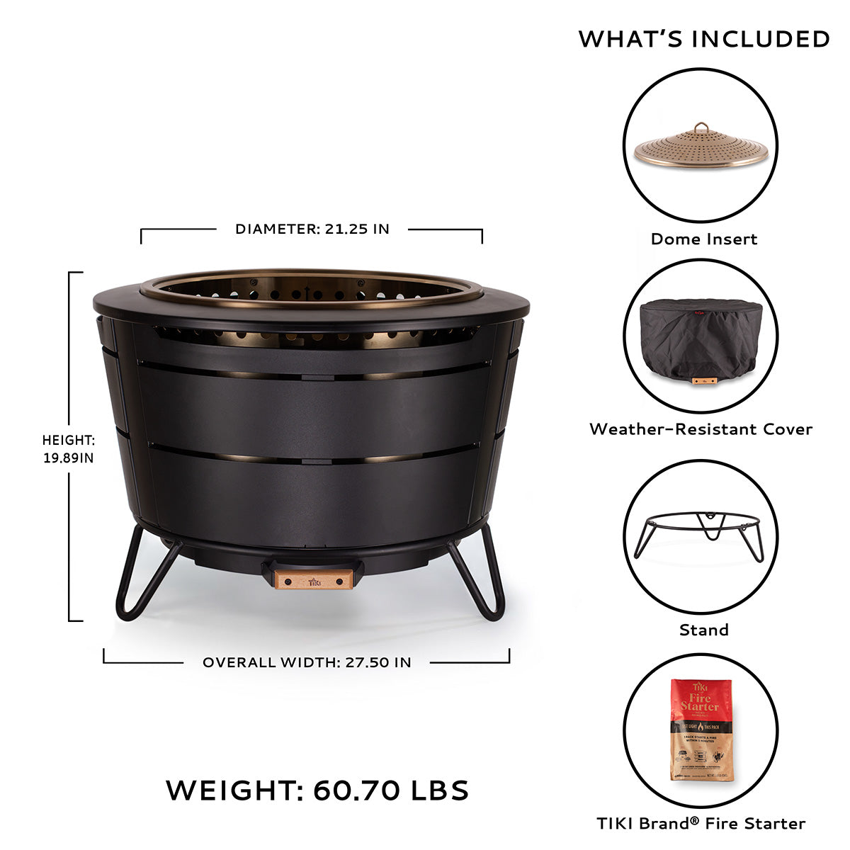 Black TIKI brand fire pit with dome insert, weather-resistant cover, stand, and fire starter.