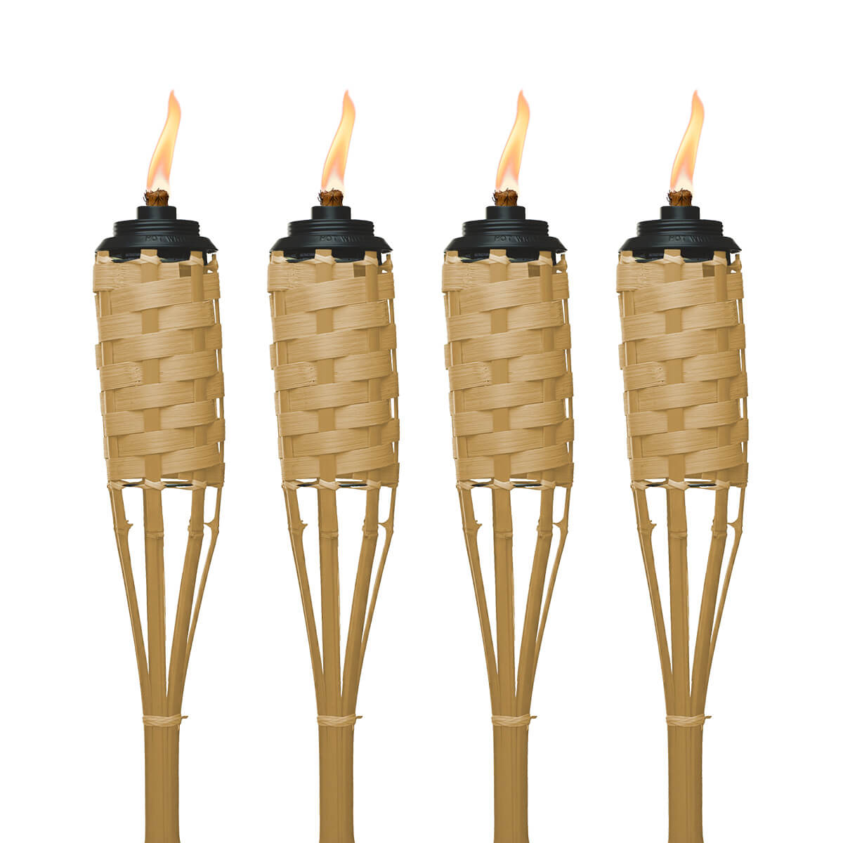Set of four bamboo torches with black tops and lit flames.
