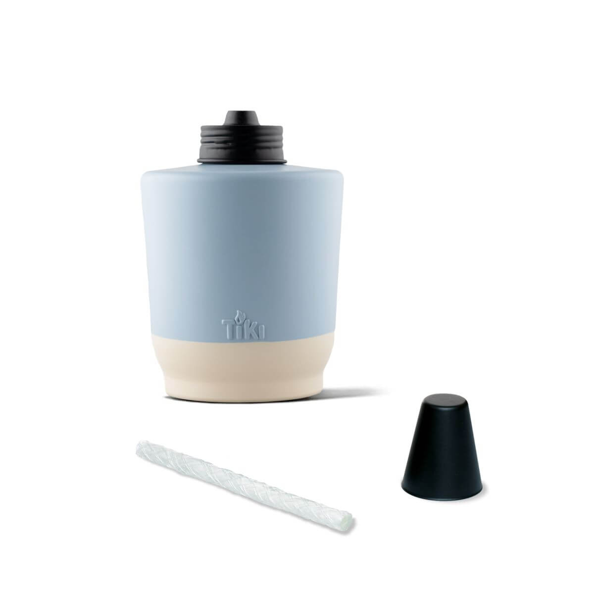 Light blue and beige TIKI sippy cup with black lid and straw.