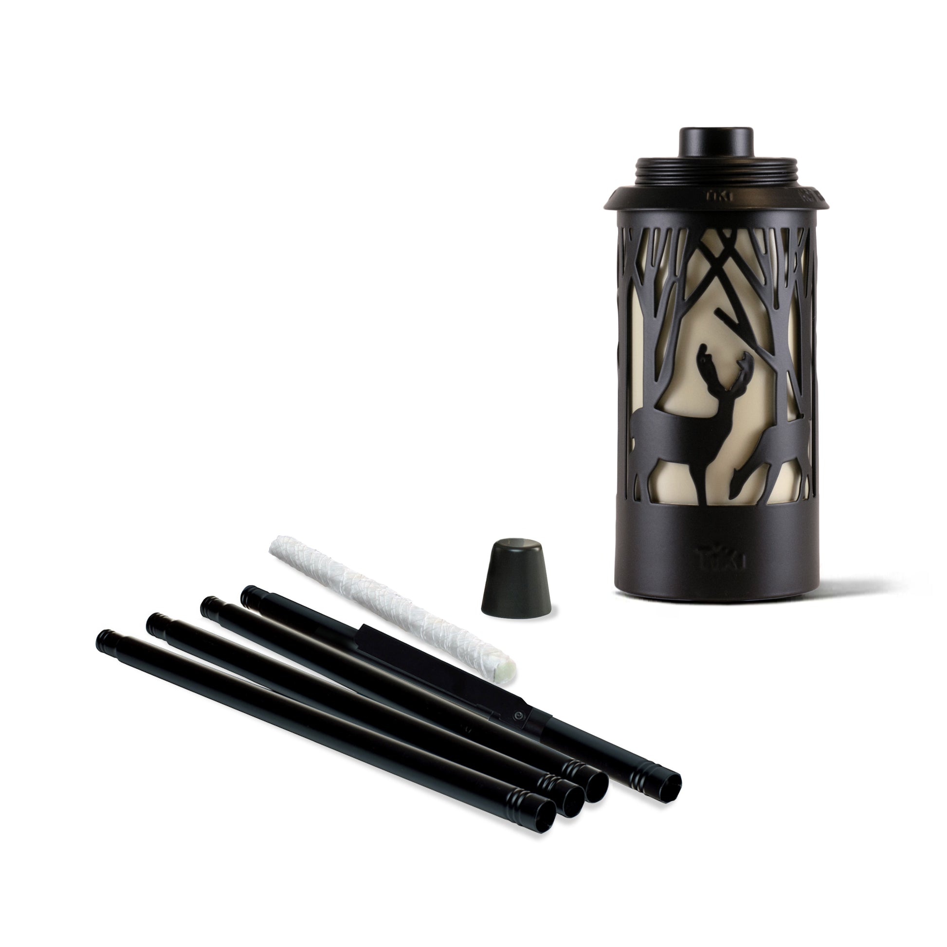 Black Tiki torch with deer design, includes fuel tube and wick.