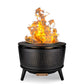Black outdoor fire pit with flames, perforated design, and stand.