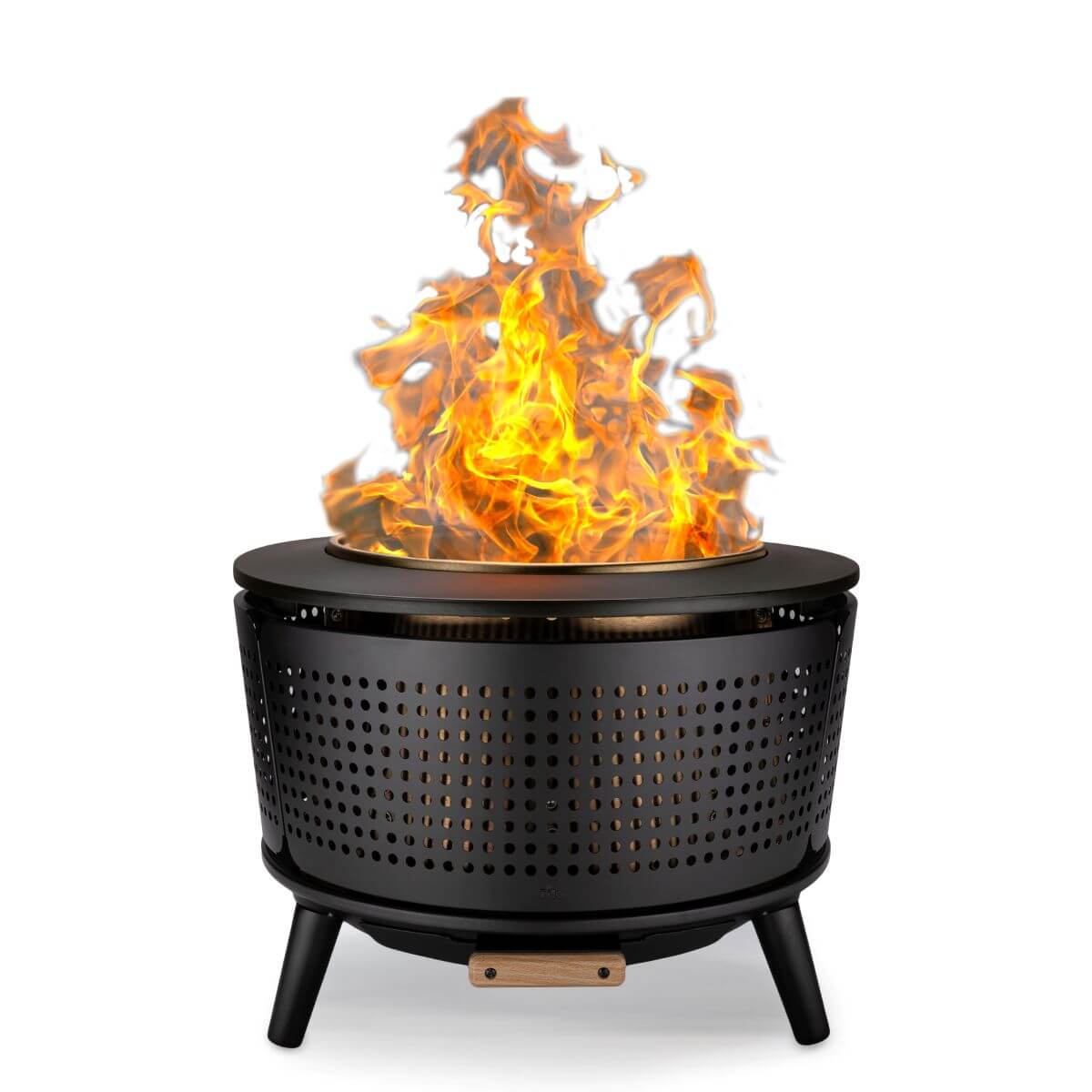 Black outdoor fire pit with flames, perforated design, and stand.