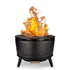 Black outdoor fire pit with flames, perforated design, and stand.