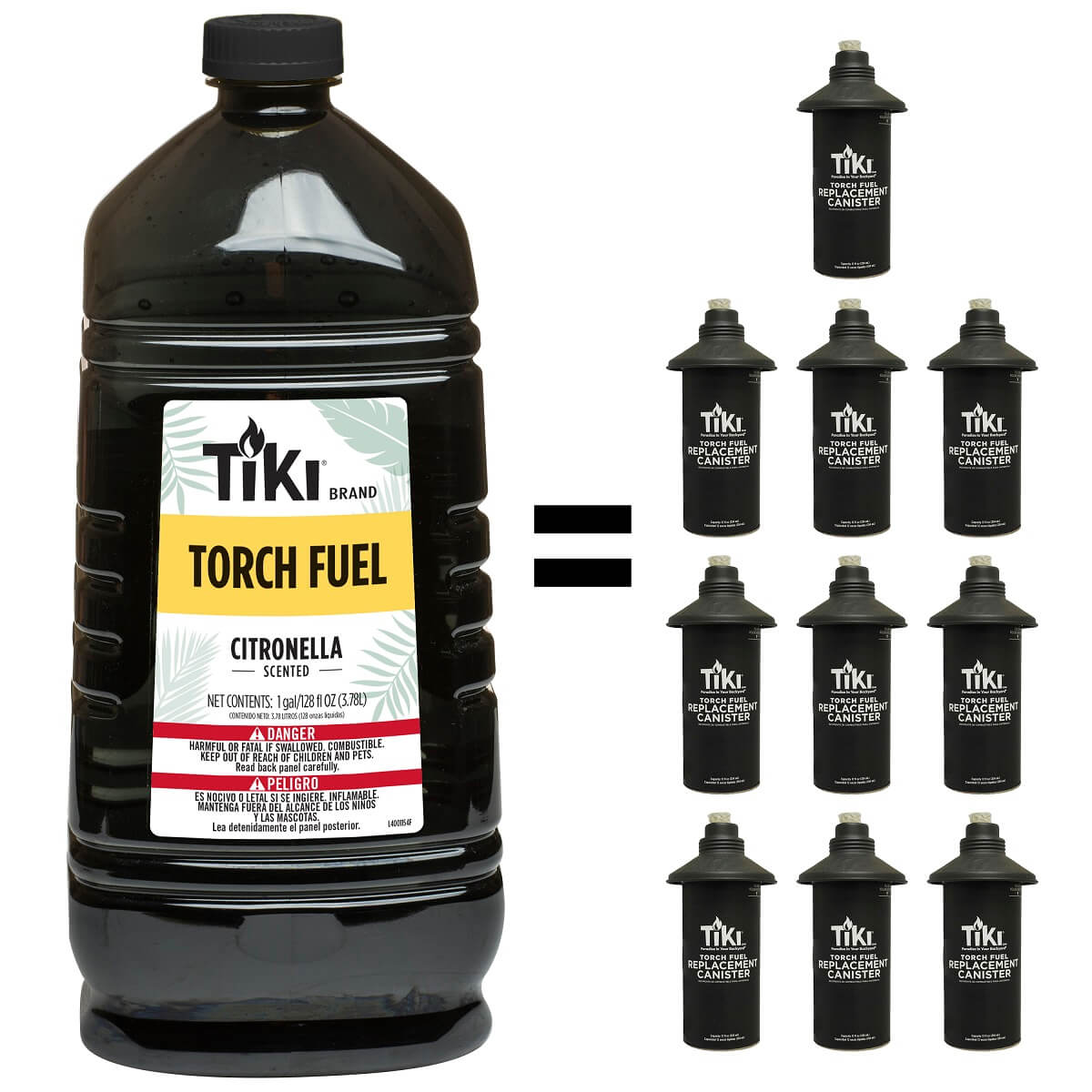 Black TIKI Brand Torch Fuel Citronella bottle equals 12 replacement canisters.