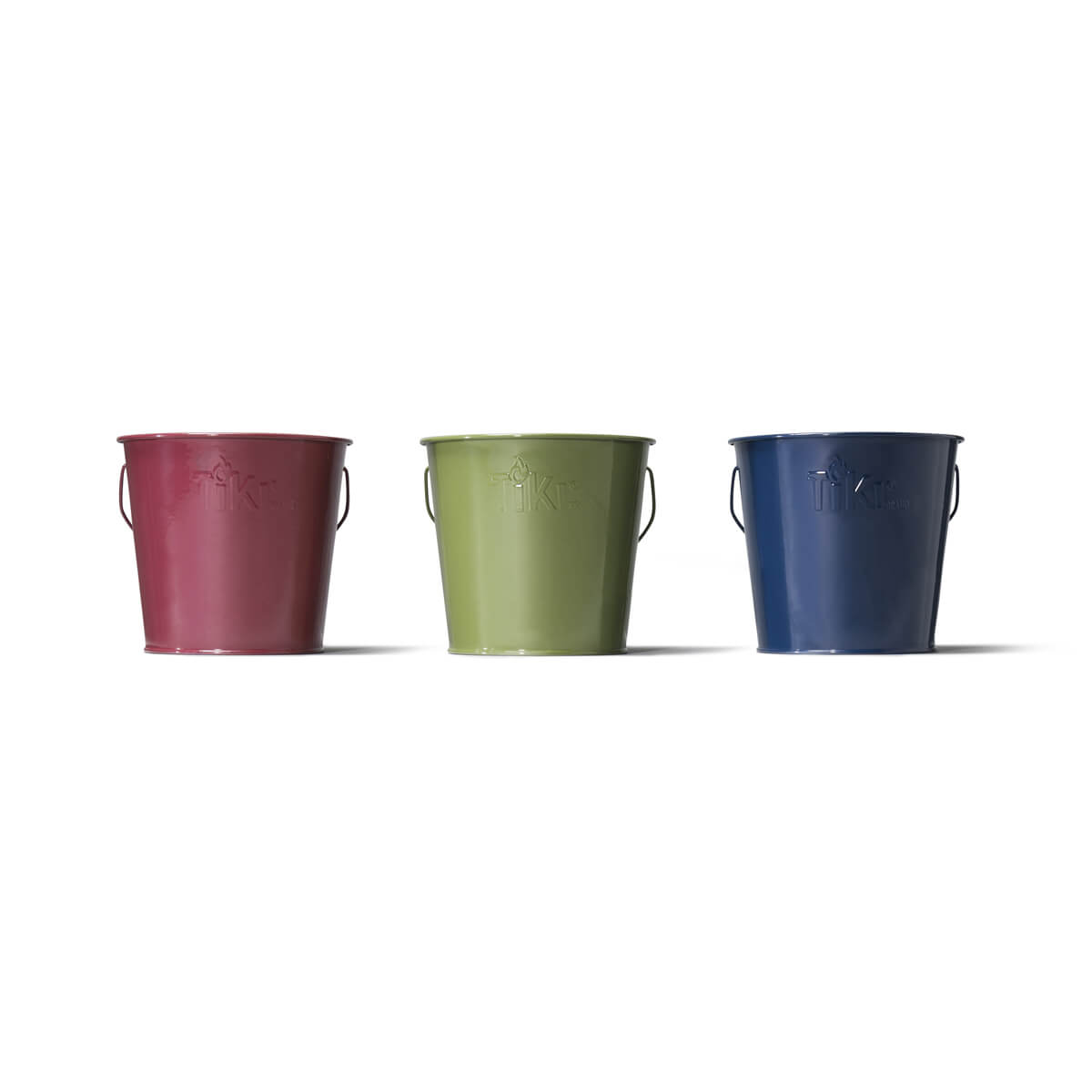 Three colorful metal buckets in red, green, and blue with "TIKI" branding.