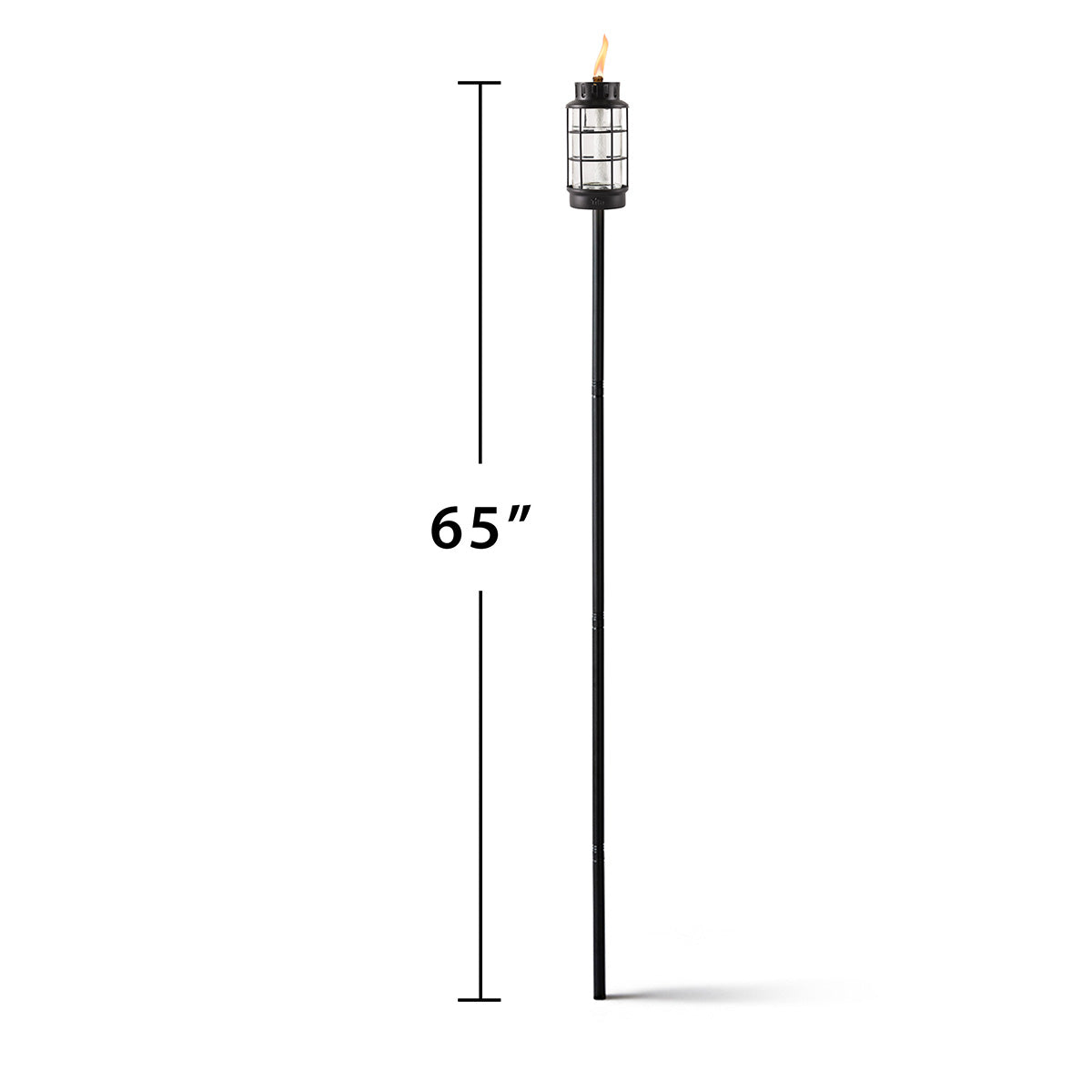 65-inch black outdoor torch with a metal grid lantern top and visible flame. Tall, sleek design for garden or patio lighting.