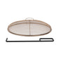 Bronze mesh fire pit cover with handle and black poker.