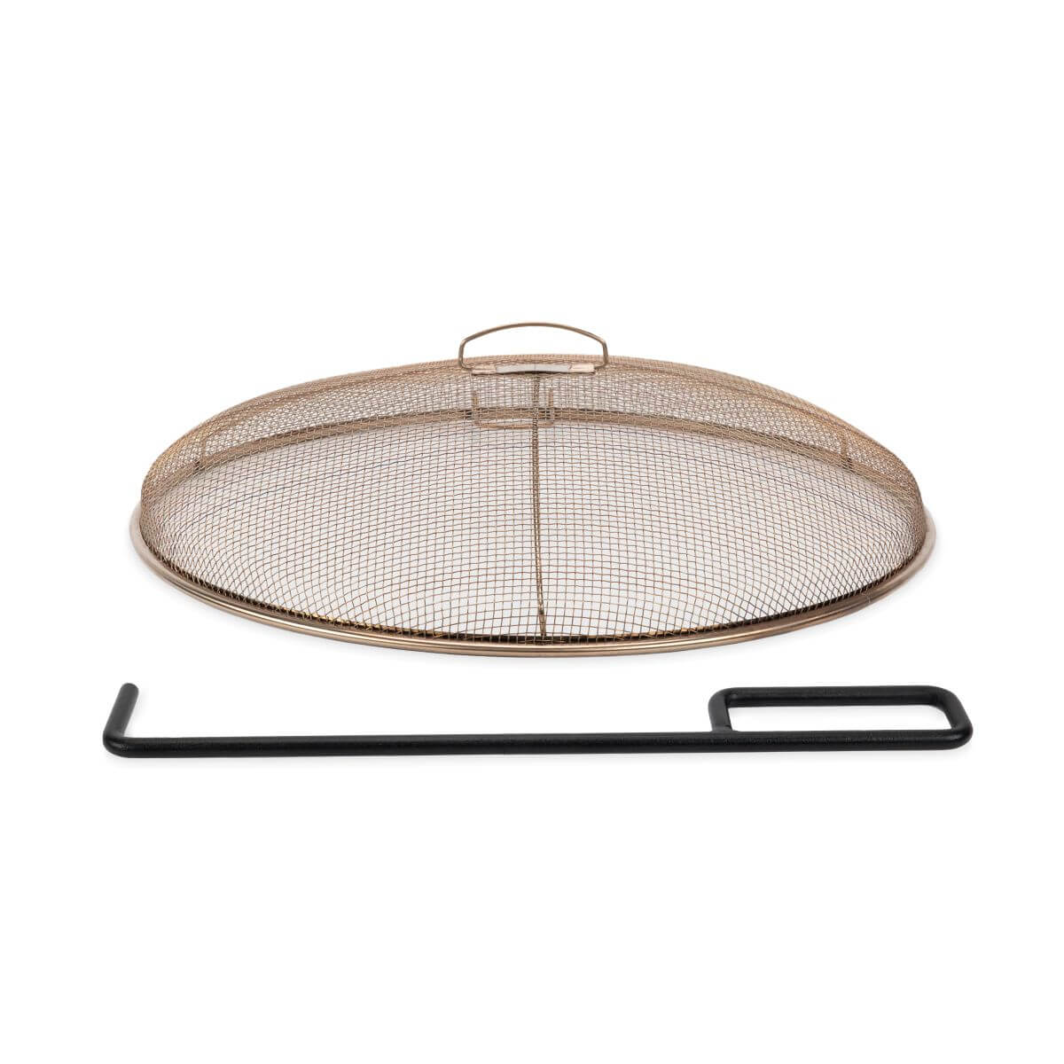 Bronze mesh fire pit cover with handle and black poker.