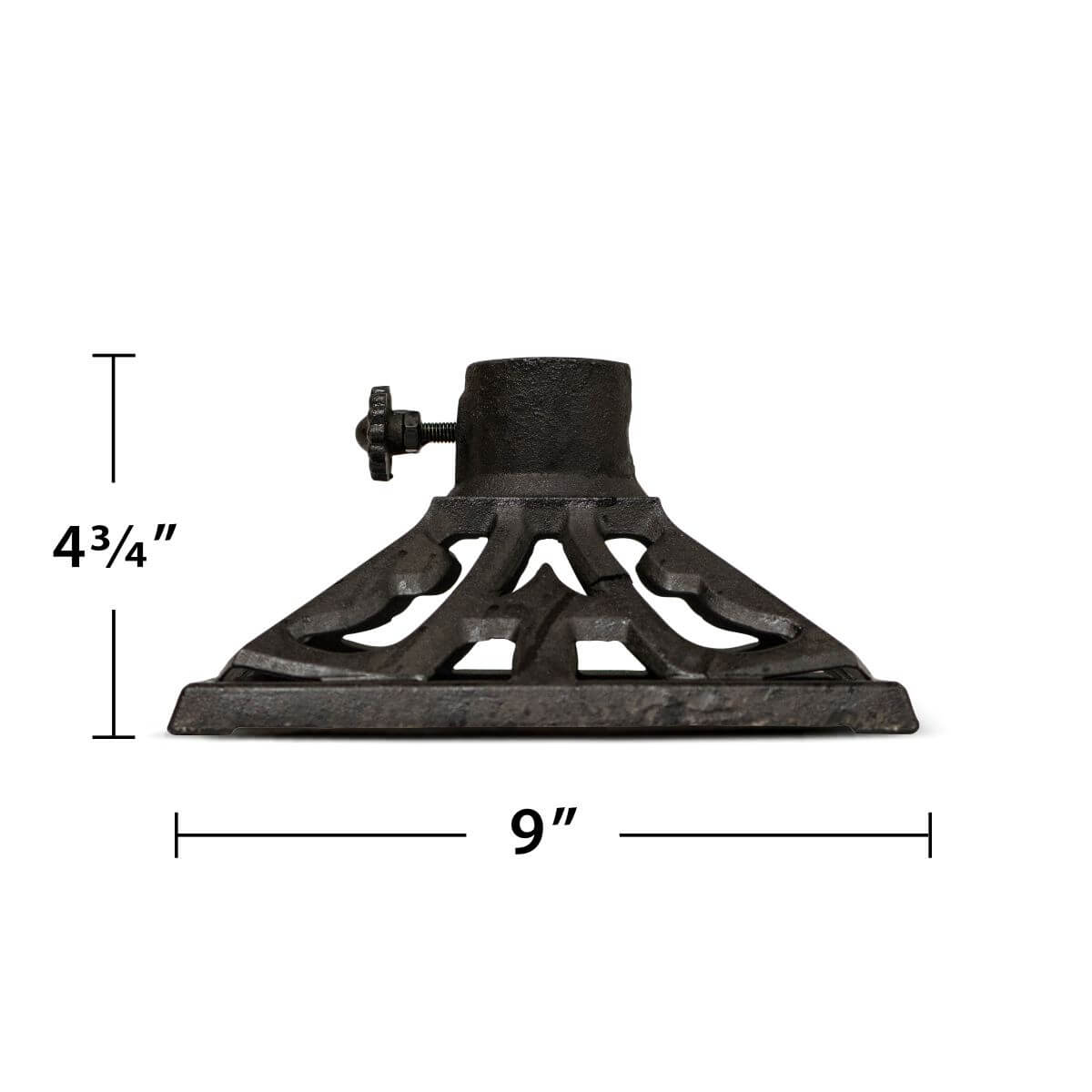 Black cast iron furniture leg with decorative cutouts, 9" wide, 4 3/4" tall.