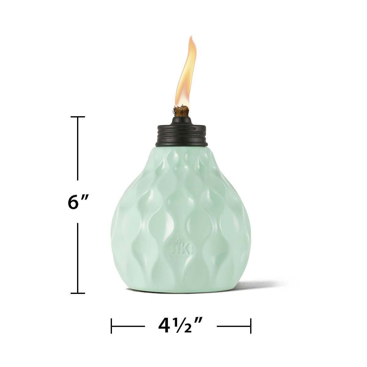 Mint green textured glass oil lamp with 6-inch height and flame.