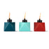 Blue, teal, and red geometric oil lamps with flames.