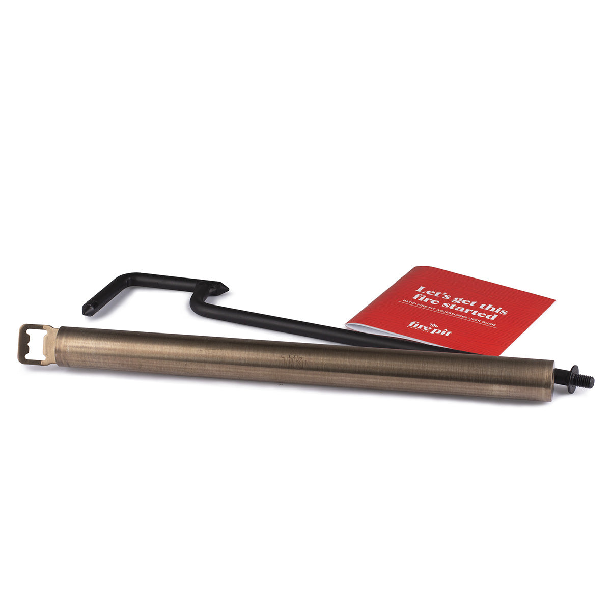 Bronze fire pit poker with black handle and red user guide.