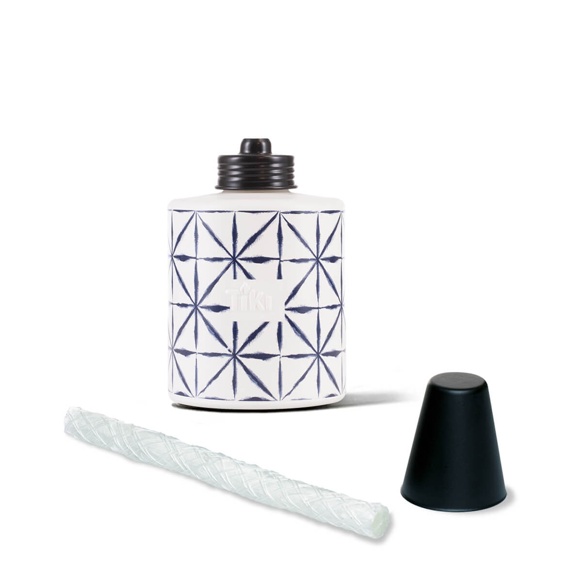White candle holder with blue geometric pattern, black lid, and white taper candle.