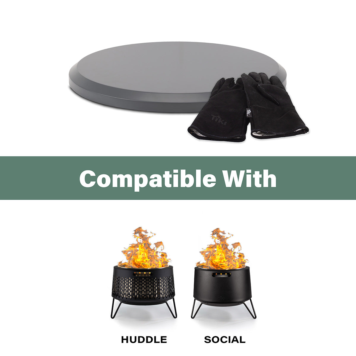 Black TIKI fire pit cover and gloves, compatible with HUD, S, and L fire pits.