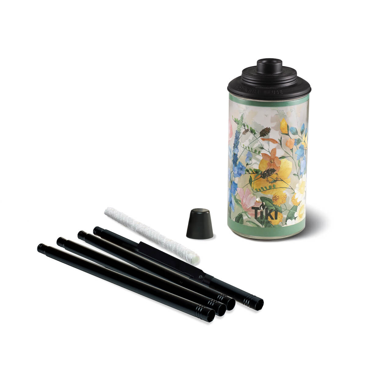 "Floral-patterned Tiki Brand insulated bottle with black lid and reusable straw kit."