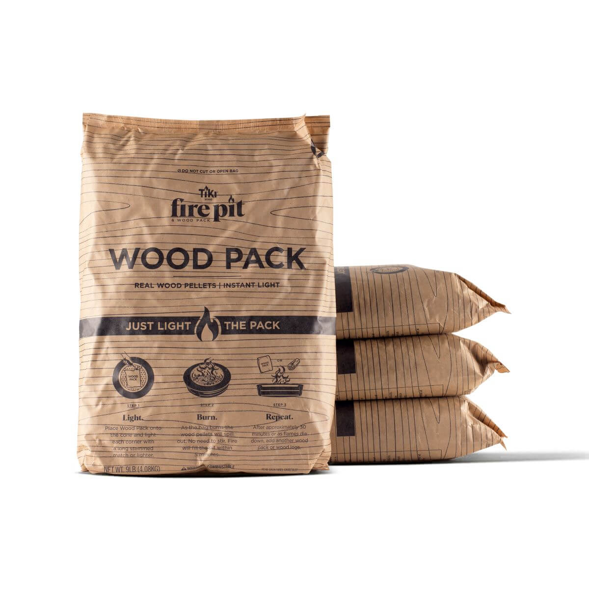 Brown Tiki Fire Pit Wood Pack, real wood pellets for instant light.