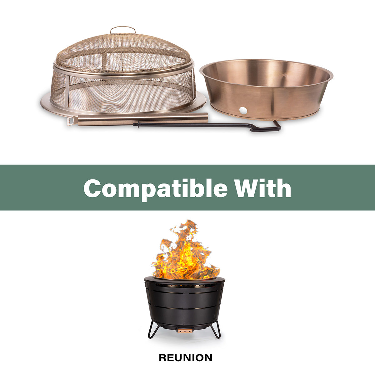 Bronze fire pit accessories: mesh cover, bowl, and poker set compatible with Unio fire pit.