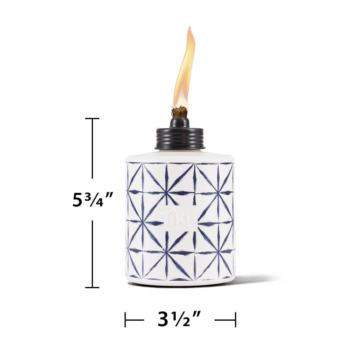 White ceramic oil lamp with blue geometric pattern, 5 3/4" tall, 3 1/2" diameter.