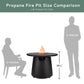 Black propane fire pit table with flame, 28.5" height, size comparison with 6' person.
