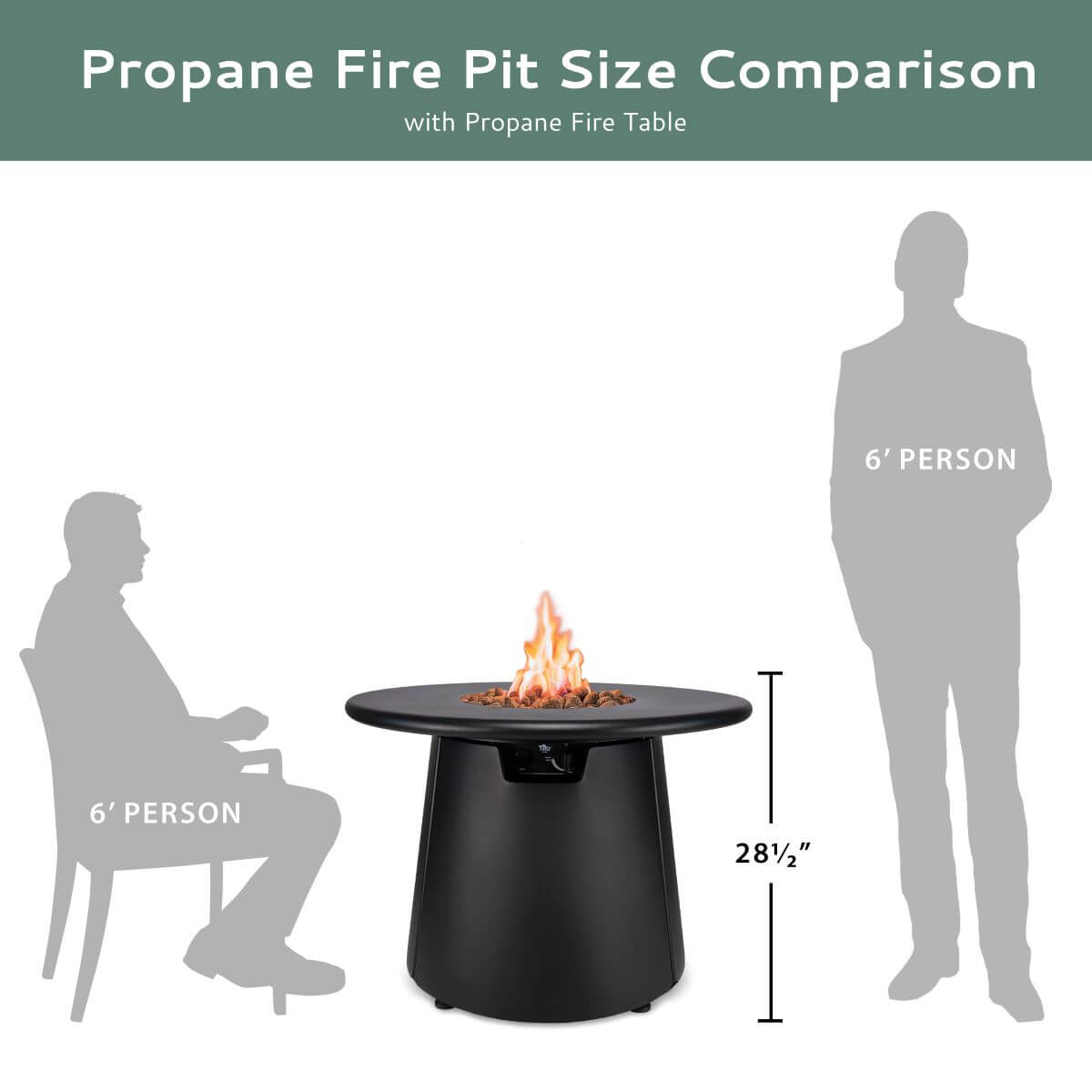 Black propane fire pit table with flame, 28.5" height, size comparison with 6' person.