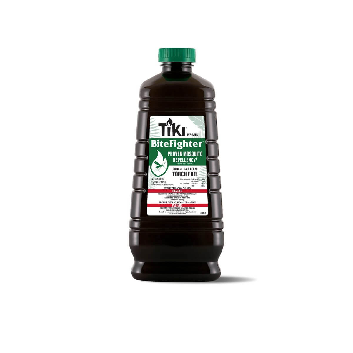 Black TIKI BiteFighter Citronella & Cedar Torch Fuel bottle with green cap.