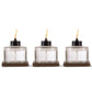 Clear glass Tiki torches with black tops and wooden bases, lit.
