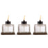 Clear glass Tiki torches with black tops and wooden bases, lit.