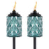 Set of two teal glass tiki torches with diamond pattern, black tops, and visible flames. Ideal for outdoor lighting.