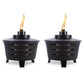 Black Tiki torches with flame, outdoor lighting.