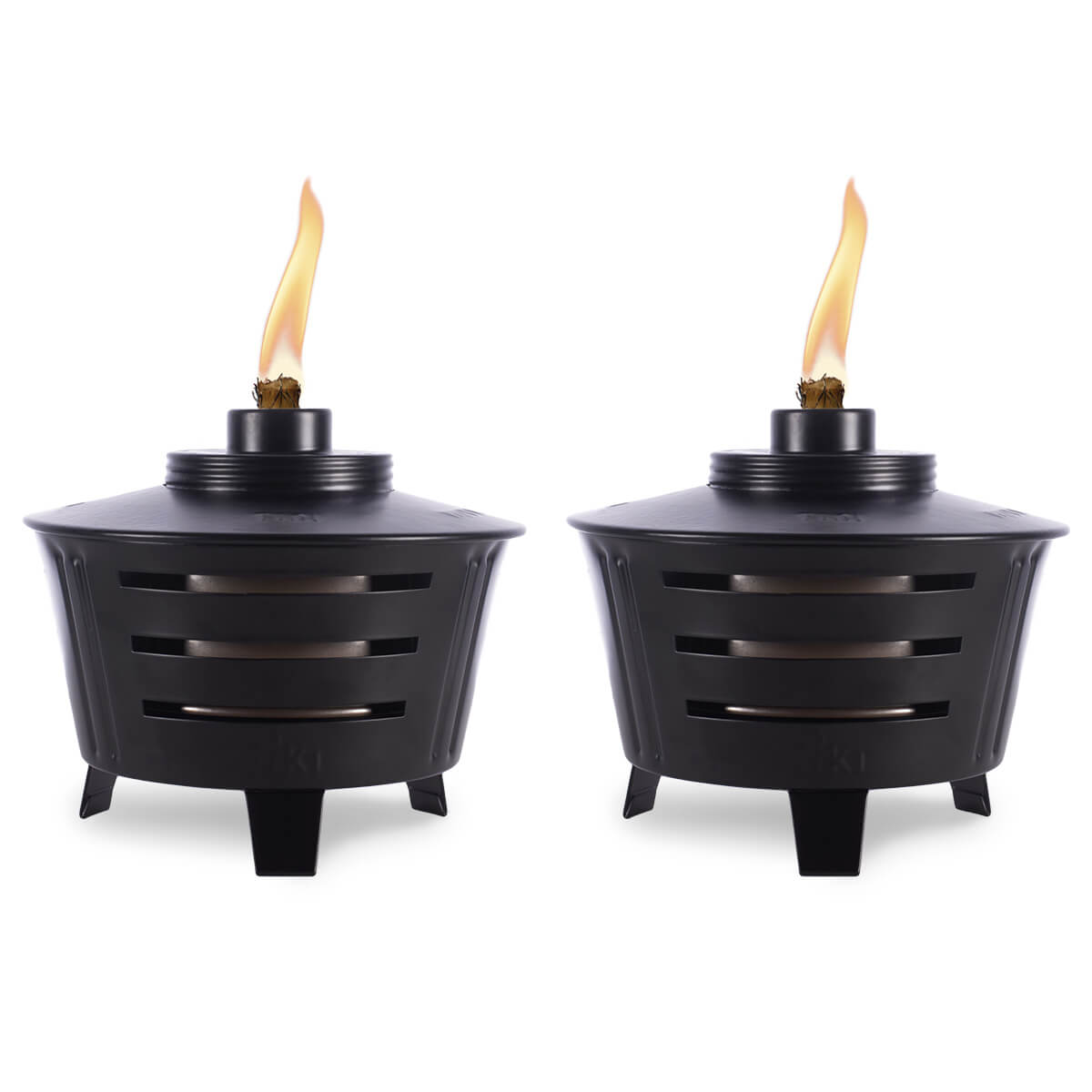 Black Tiki torches with flame, outdoor lighting.