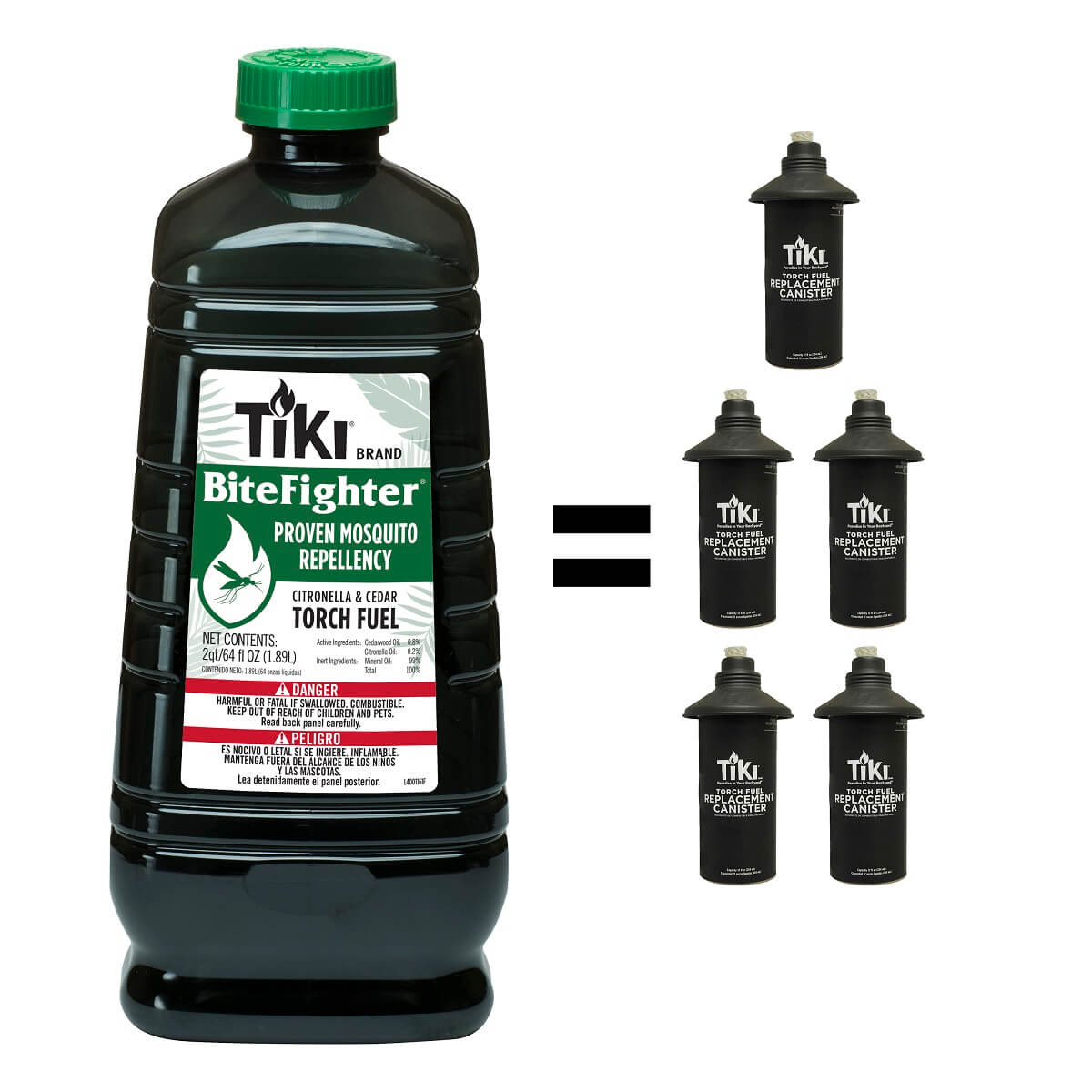 Black TIKI BiteFighter Citronella & Cedar Torch Fuel bottle equals six black TIKI torch fuel replacement canisters.