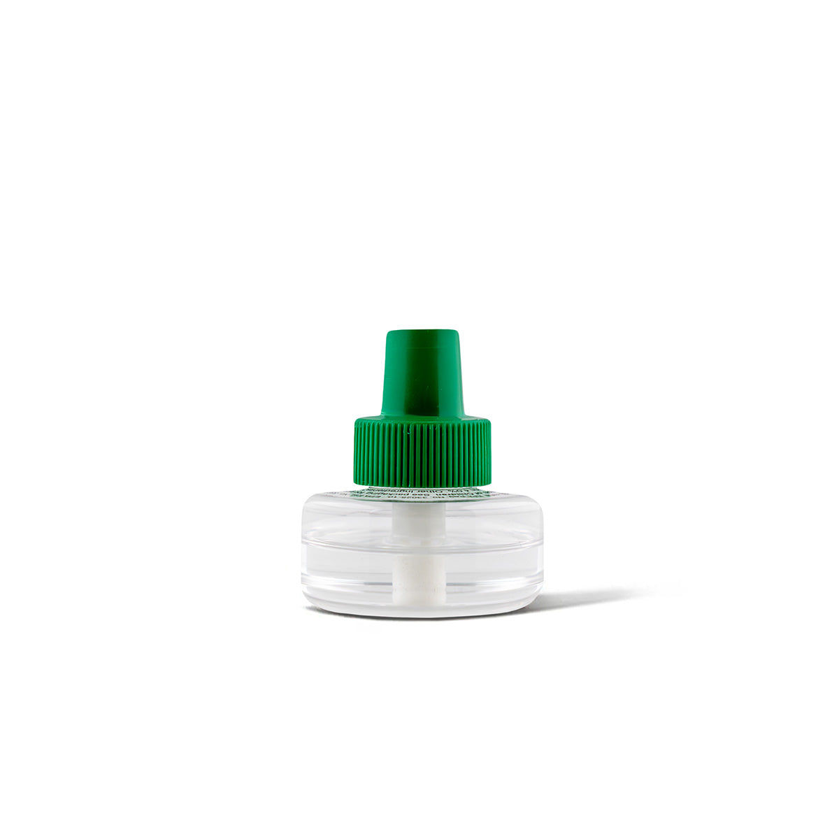 Clear plastic bottle with green screw-on cap, likely an insect repellent refill.